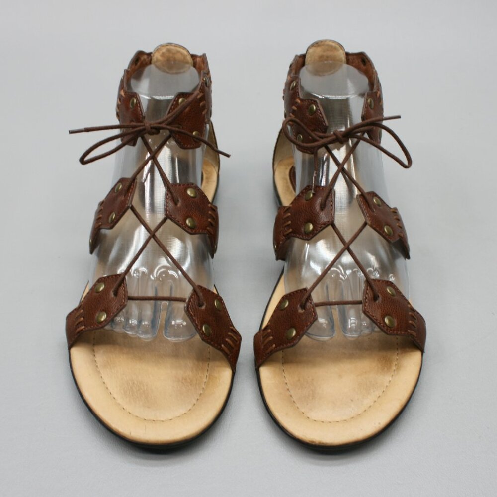 Frye Ladies 9 Laney Lace Brown Leather Open-toe Flat Slingback Gladiator Sandals - Picture 5 of 12